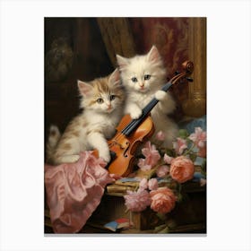 Two Kittens With A Violin Rococo Style Canvas Print