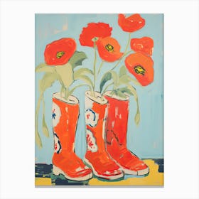Painting Of Red Flowers And Cowboy Boots, Oil Style 3 Canvas Print