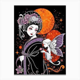 Geisha And Fairy Elf - Color Illustration Canvas Print