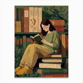 Girl Reading In The Library Canvas Print