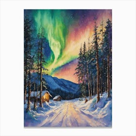 The Northern Lights - Aurora Borealis Rainbow Winter Snow Scene of Lapland Iceland Finland Norway Sweden Forest Lake Watercolor Beautiful Celestial Artwork for Home Gallery Wall Magical Etheral Dreamy Traditional Christmas Greeting Card Painting of Heavenly Fairylights 11 Canvas Print