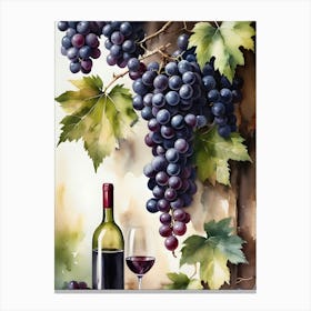 Vines,Black Grapes And Wine Bottles Painting (6) Canvas Print
