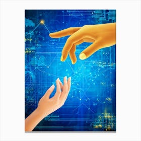 Cyber Abstract Digital Painting Of A Human Hand And A Robotic Hand Almost Touching Against A Backdro (2) Canvas Print