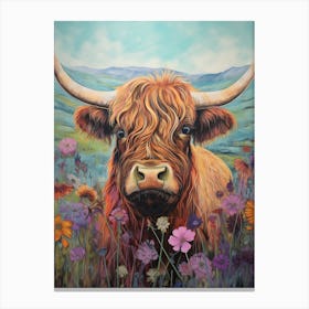 Floral Portrait Painting Style Of Highland Cow 4 Canvas Print