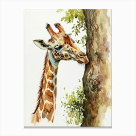 Giraffe By The Tree Watercolour 2 Canvas Print