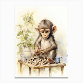 Monkey Painting Playing Chess Watercolour 4 Canvas Print