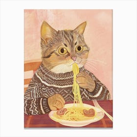 Brown White Cat Eating Pasta Folk Illustration 3 Canvas Print