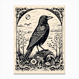 B&W Bird Linocut Crow 4 Canvas Print