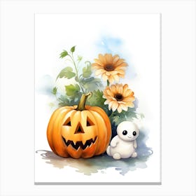Cute Ghost With Pumpkins Halloween Watercolour 130 Canvas Print