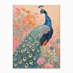 Warm Tones Peacock In A Meadow Canvas Print