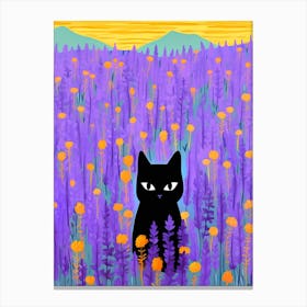 Black Cat Lavender Orange Flowers Field Canvas Print