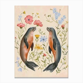 Folksy Floral Animal Drawing Seal 4 Canvas Print