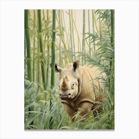 Vintage Illustration Of A Rhino Walking Through The Leaves 4 Canvas Print