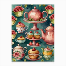 Watercolor Tea Set 1 Canvas Print