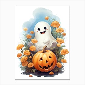 Cute Ghost With Pumpkins Halloween Watercolour 141 Canvas Print