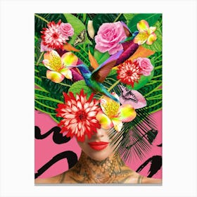 ***Mother Nature Art Print With Humming Bird Flowers And Tattoo In Pink, Portrait of a Woman, Tropical Canvas Print