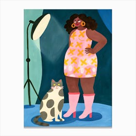 Cat and Black Woman Photoshoot, studio, flower dress Canvas Print