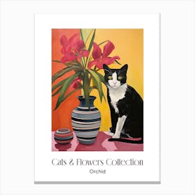 Cats & Flowers Collection Orchid Flower Vase And A Cat, A Painting In The Style Of Matisse 0 Canvas Print