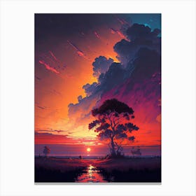 Africa Sunset by River in Orange and Red Canvas Print