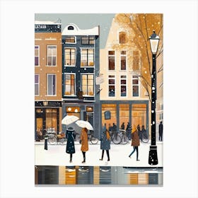 Amsterdam cafes, winter season, Christmas, autumn oil colors, pale colors, pedestrians in the street, winter clothes, falling snow.6 Canvas Print