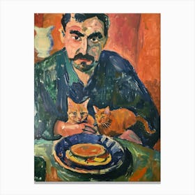 Portrait Of A Man With Cats Having Dinner 1 Canvas Print