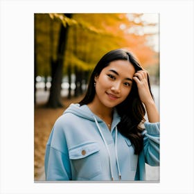 Asian Young Woman In Autumn Park- Canvas Print