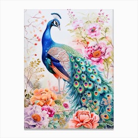 Storybook Style Floral Peacock Illustration 3 Canvas Print