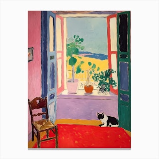 Open Window With A Black And White Cat Matisse Inspired Canvas Print