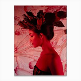 Surreal Side Profile Of A Woman Composed Of Rhubarb Stalks And Crimson Leaves As Hair Set Against A Canvas Print