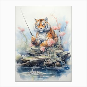 Tiger Illustration Fishing Watercolour 4 Canvas Print