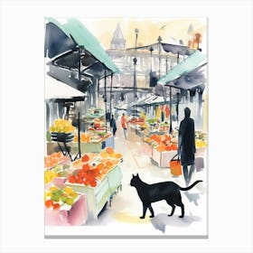 Food Market With Cats In London 2 Watercolour Canvas Print