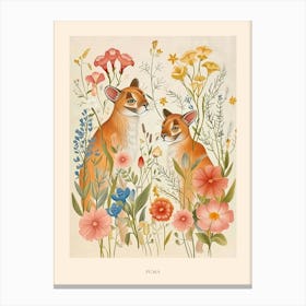 Folksy Floral Animal Drawing Puma 2 Poster Canvas Print