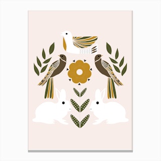 Folkie Rabbits And Birds Canvas Print