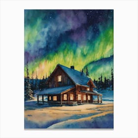 The Northern Lights - Aurora Borealis Rainbow Winter Snow Scene of Lapland Iceland Finland Norway Sweden Forest Lake Watercolor Beautiful Celestial Artwork for Home Gallery Wall Magical Etheral Dreamy Traditional Christmas Greeting Card Painting of Heavenly Fairylights 2 Canvas Print