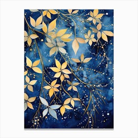 Golden Leaves On Blue Background Canvas Print