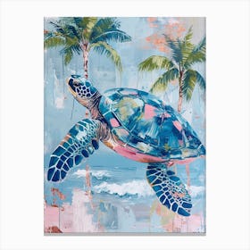 Pastel Blue Sea Turtle With Palm Trees Canvas Print
