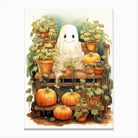 Cute Bedsheet Ghost, Botanical Halloween Watercolour 65 Canvas Print