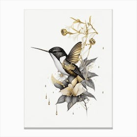 Hummingbird In Rain Vintage Gold & Black Canvas Print