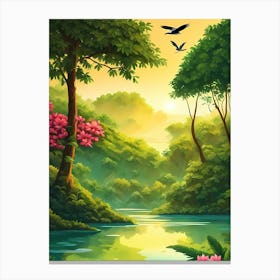 Forest Landscape With Birds And Flowers Canvas Print
