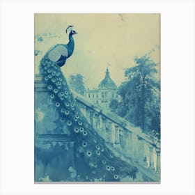 Vintage Turquoise Peacock With A Palace In The Background 3 Canvas Print