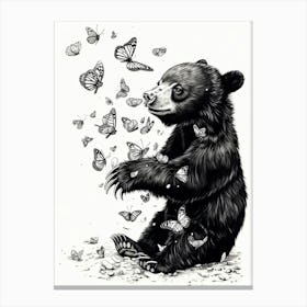 Malayan Sun Bear Cub Playing With Butterflies Ink Illustration 4 Canvas Print
