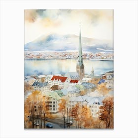 Reykjavik Iceland In Autumn Fall, Watercolour 4 Canvas Print