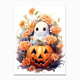 Cute Ghost With Pumpkins Halloween Watercolour 47 Canvas Print