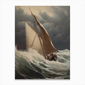 Sailboat On Stormy Sea Painting Canvas Print