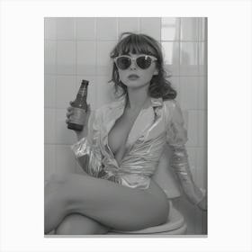 Woman On Toilet Holding Beer Canvas Print