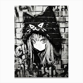 Kawaii Aesthetic Blakc and White Nekomimi Anime Cat Girl Urban Graffiti Style Canvas Print