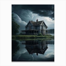 Old House Mirrored On A Serene Lake Brooding Clouds Overhead Casting Reflections Moody Atmosphere Canvas Print