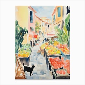 Food Market With Cats In Saint Tropez 3 Watercolour Canvas Print