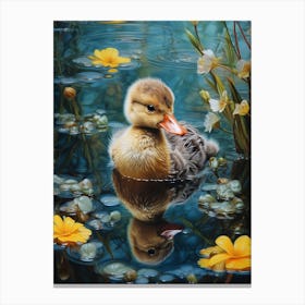 Duckling Swimming In The Pond With Petals 3 Canvas Print