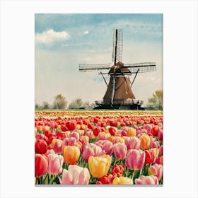 Tulips In The Windmill Canvas Print